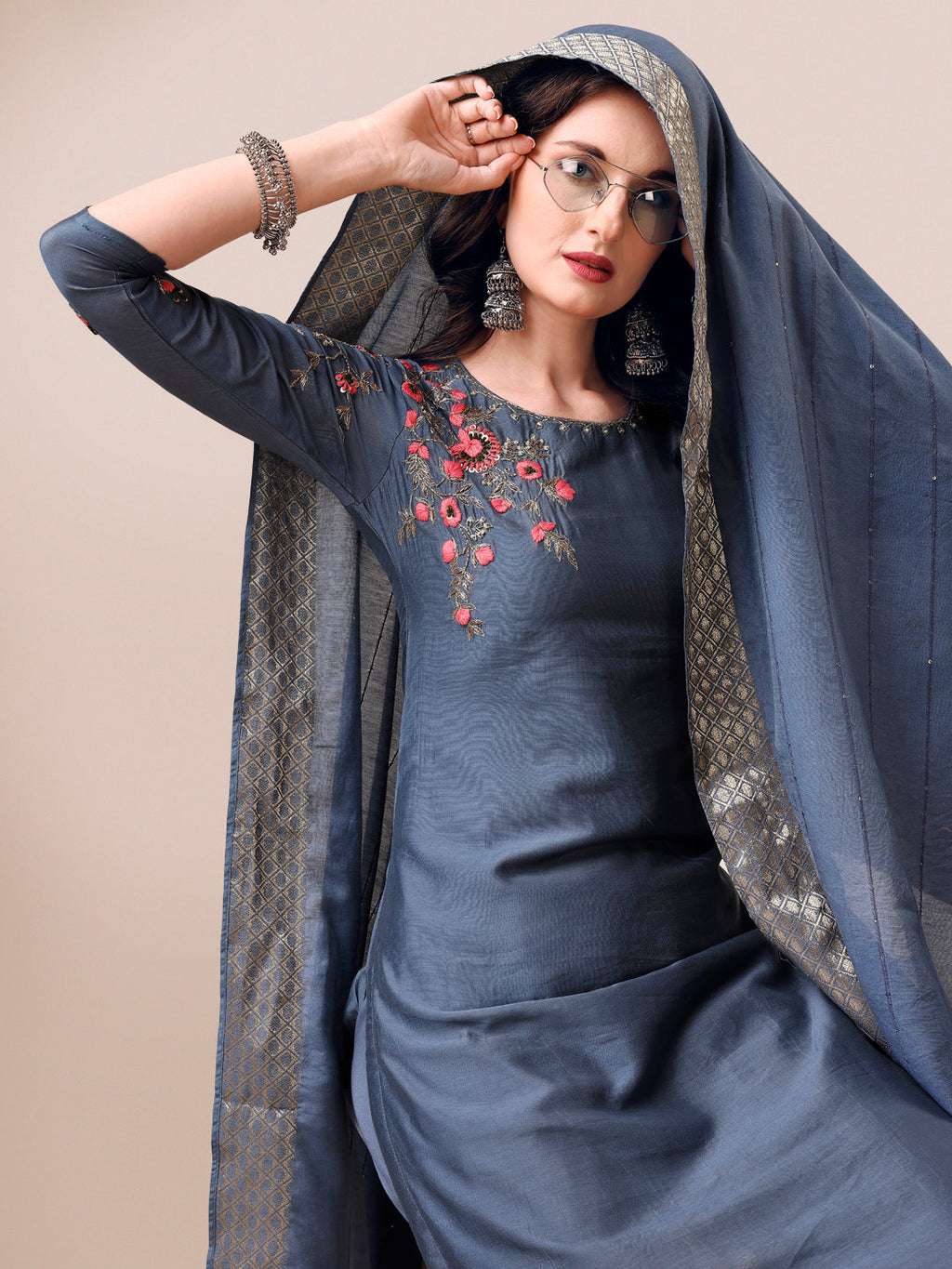 Embroidered Kurta With Pant & Dupatta Set, Multicolor - Hiral Fashion - Distacart