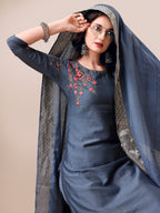 Embroidered Kurta With Pant & Dupatta Set, Multicolor - Hiral Fashion - Distacart
