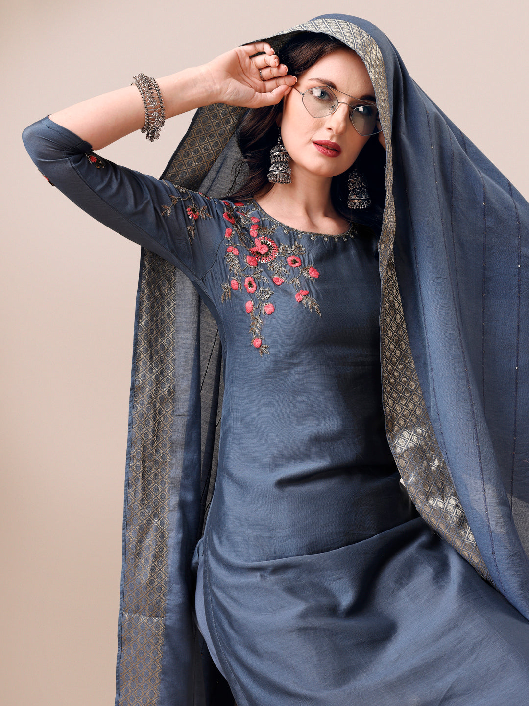 Embroidered Kurta With Pant & Dupatta Set, Multicolor - Hiral Fashion - Distacart
