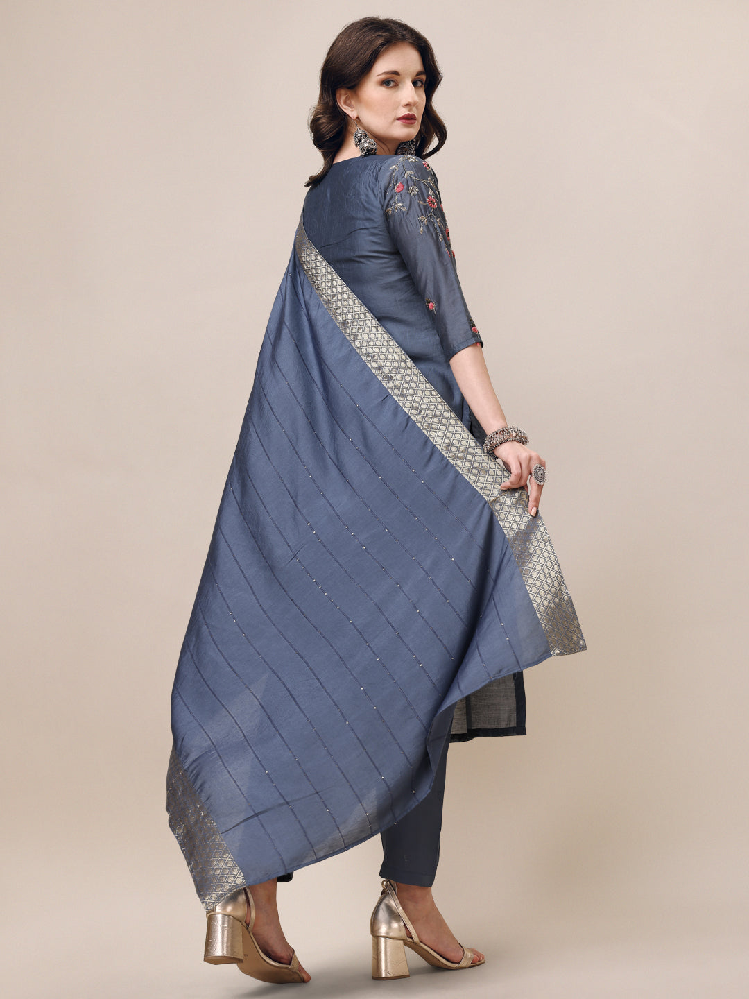 Embroidered Kurta With Pant & Dupatta Set, Multicolor - Hiral Fashion - Distacart