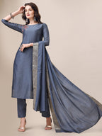 Embroidered Kurta With Pant & Dupatta Set, Multicolor - Hiral Fashion - Distacart