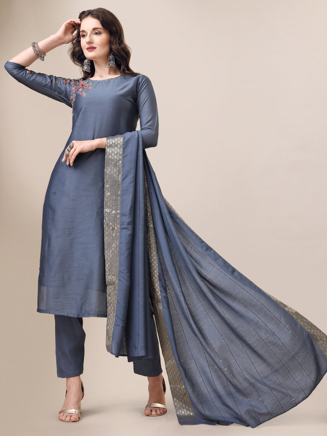 Embroidered Kurta With Pant & Dupatta Set, Multicolor - Hiral Fashion - Distacart