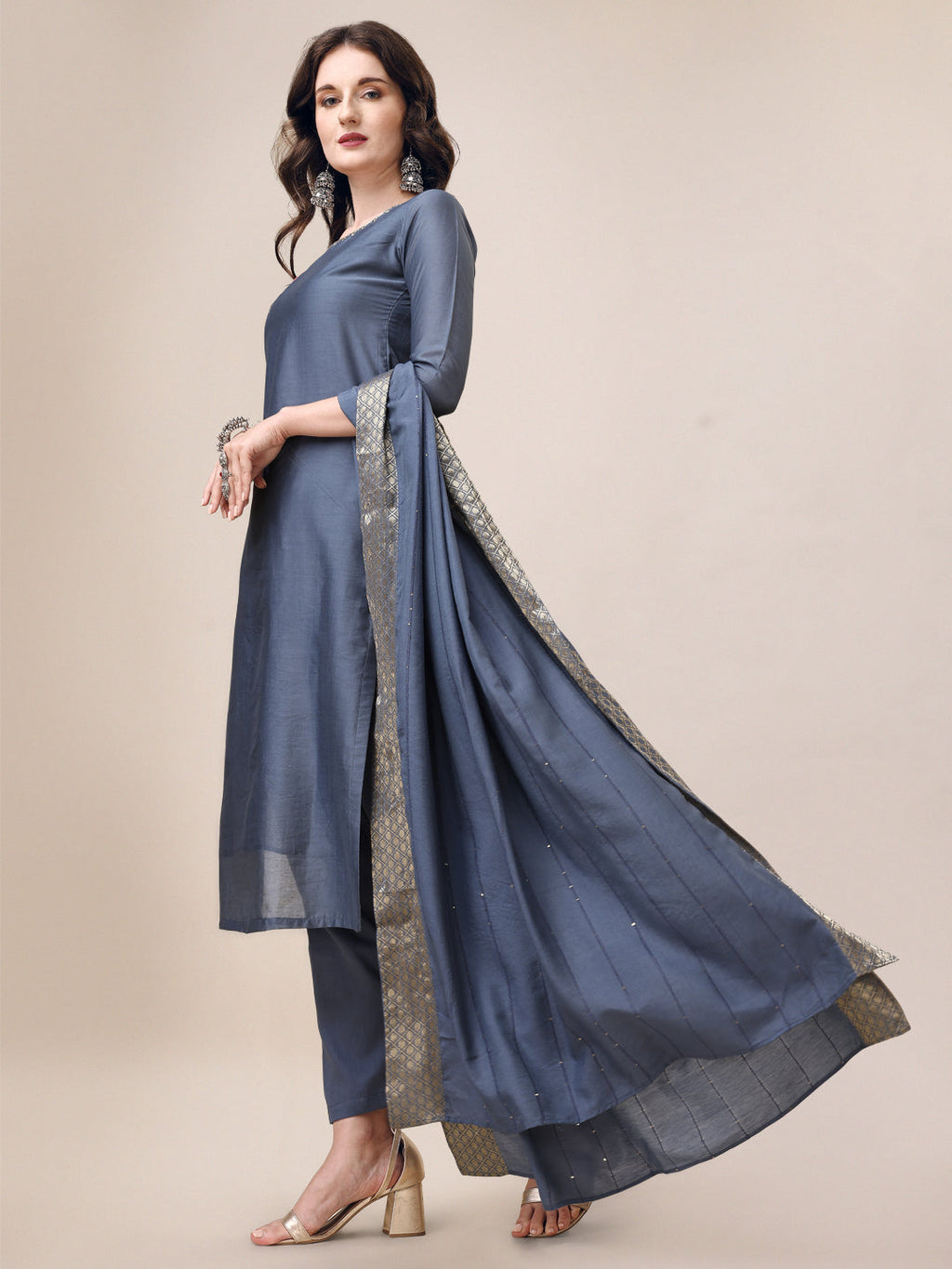 Embroidered Kurta With Pant & Dupatta Set, Multicolor - Hiral Fashion - Distacart