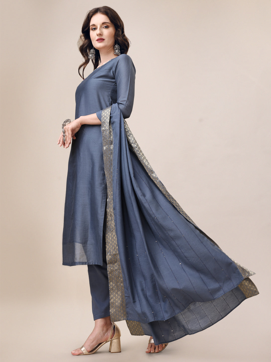 Embroidered Kurta With Pant & Dupatta Set, Multicolor - Hiral Fashion - Distacart