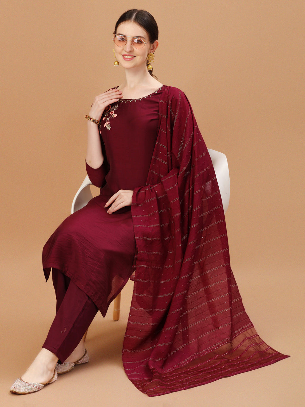 Placement Hand Embroidered Chanderi Kurta With Pant & Dupatta, Multicolor - Hiral Fashion - Distacart