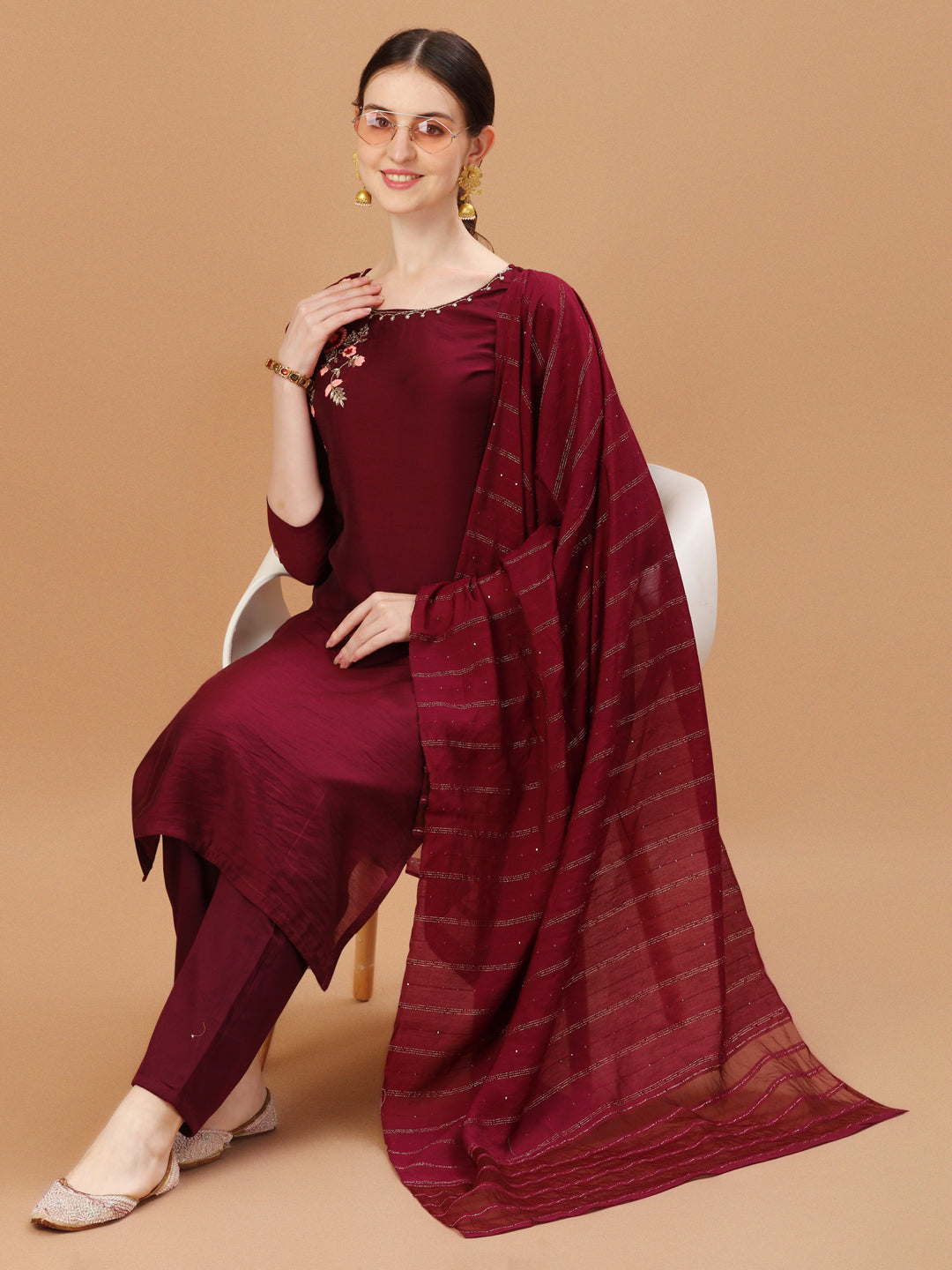 Placement Hand Embroidered Chanderi Kurta With Pant & Dupatta, Multicolor - Hiral Fashion - Distacart