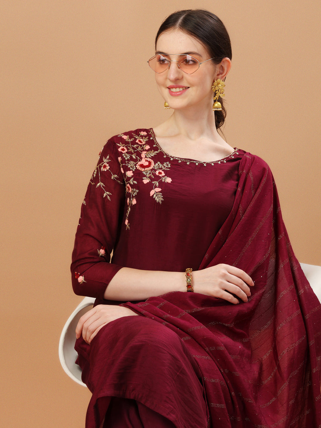 Placement Hand Embroidered Chanderi Kurta With Pant & Dupatta, Multicolor - Hiral Fashion - Distacart
