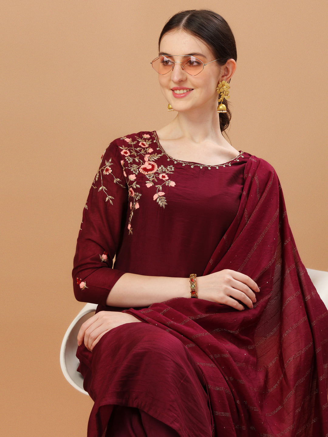 Placement Hand Embroidered Chanderi Kurta With Pant & Dupatta, Multicolor - Hiral Fashion - Distacart