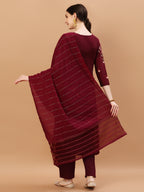 Placement Hand Embroidered Chanderi Kurta With Pant & Dupatta, Multicolor - Hiral Fashion - Distacart