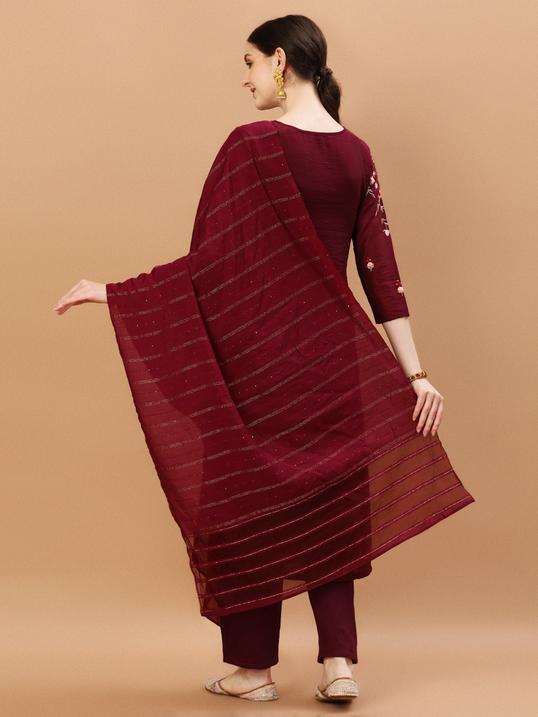 Placement Hand Embroidered Chanderi Kurta With Pant & Dupatta, Multicolor - Hiral Fashion - Distacart