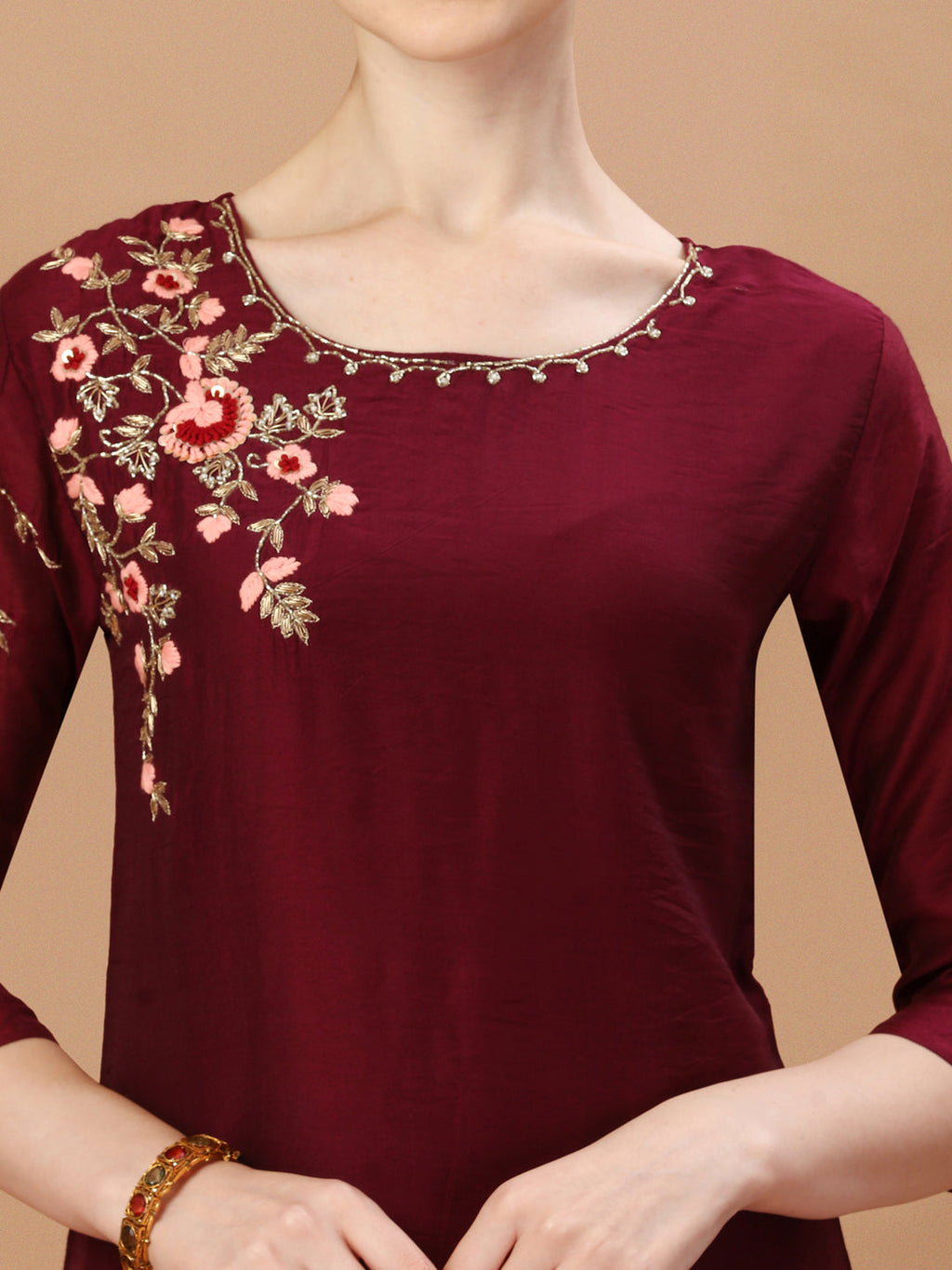 Placement Hand Embroidered Chanderi Kurta With Pant & Dupatta, Multicolor - Hiral Fashion - Distacart