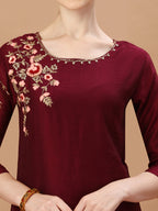 Placement Hand Embroidered Chanderi Kurta With Pant & Dupatta, Multicolor - Hiral Fashion - Distacart
