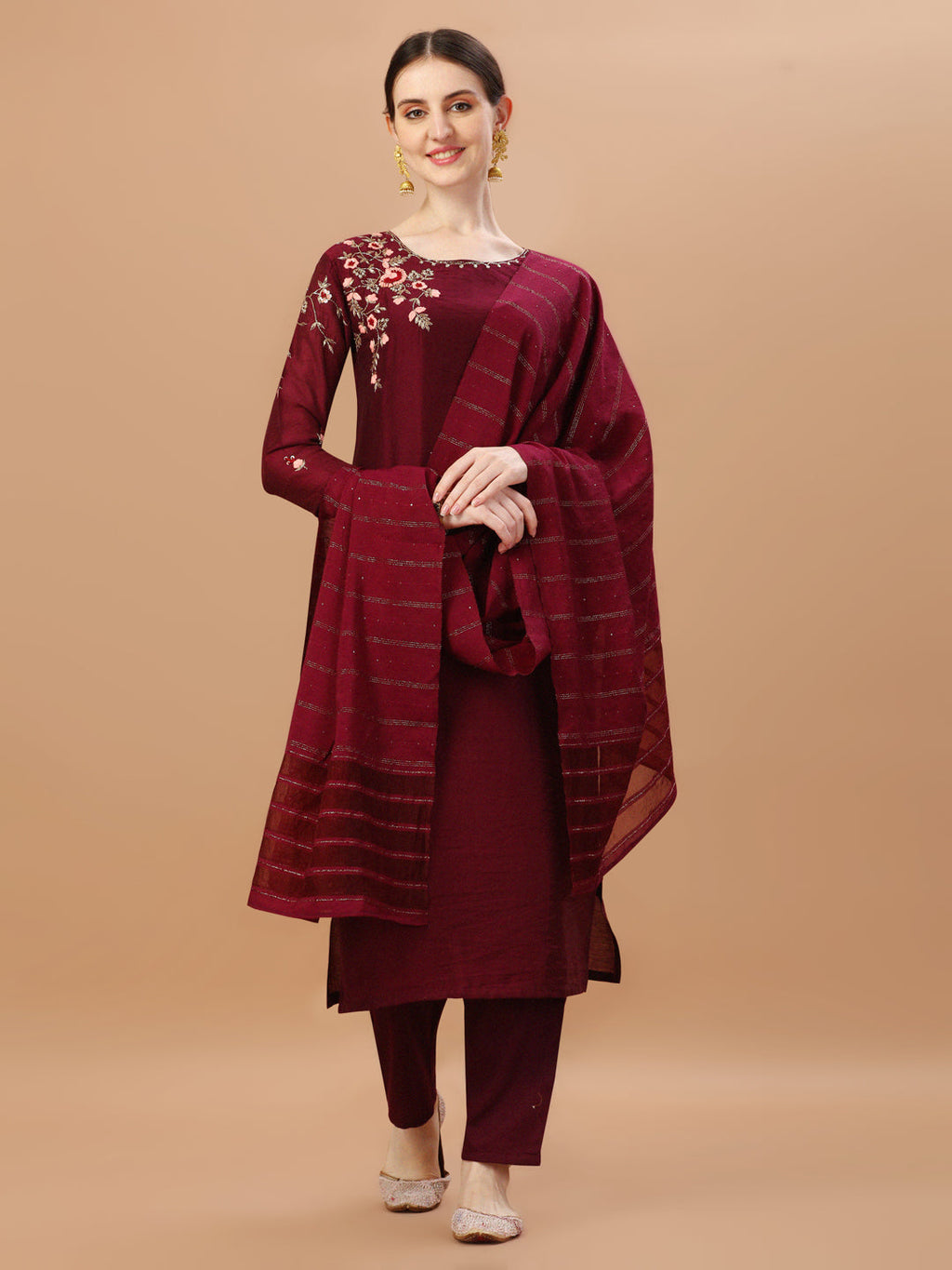 Placement Hand Embroidered Chanderi Kurta With Pant & Dupatta, Multicolor - Hiral Fashion - Distacart