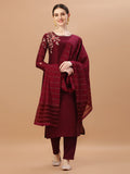 Placement Hand Embroidered Chanderi Kurta With Pant & Dupatta, Multicolor - Hiral Fashion - Distacart