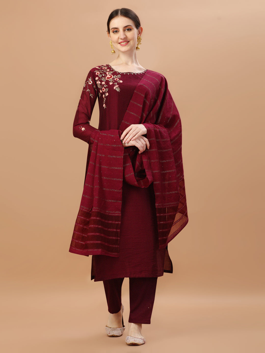 Placement Hand Embroidered Chanderi Kurta With Pant & Dupatta, Multicolor - Hiral Fashion - Distacart