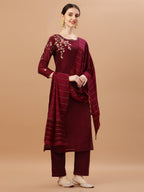 Placement Hand Embroidered Chanderi Kurta With Pant & Dupatta, Multicolor - Hiral Fashion - Distacart