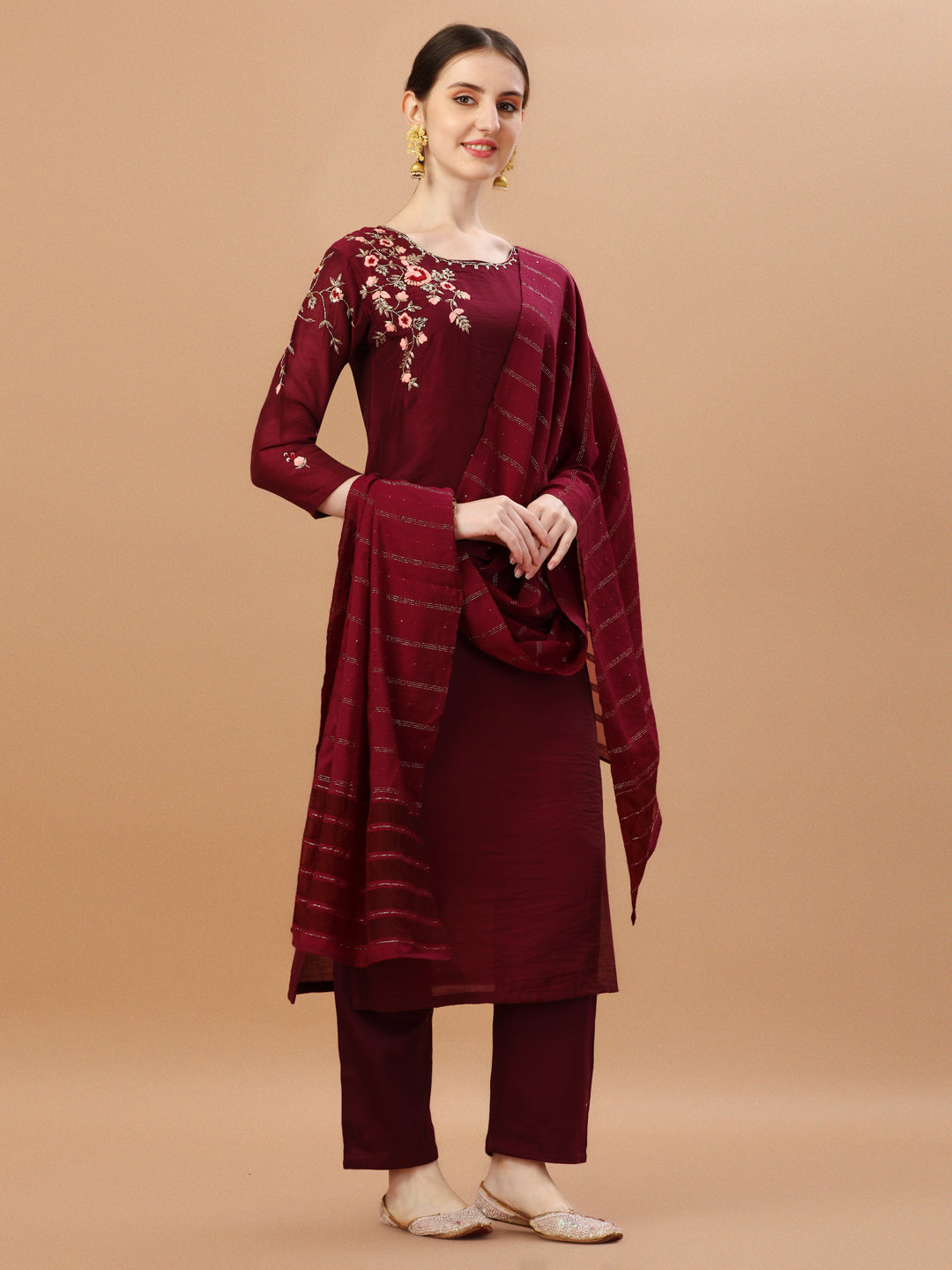 Placement Hand Embroidered Chanderi Kurta With Pant & Dupatta, Multicolor - Hiral Fashion - Distacart