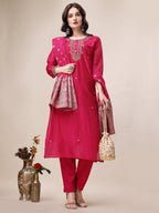 Embroidered Kurta With Pant & Dupatta Set, Multicolor - Hiral Fashion - Distacart