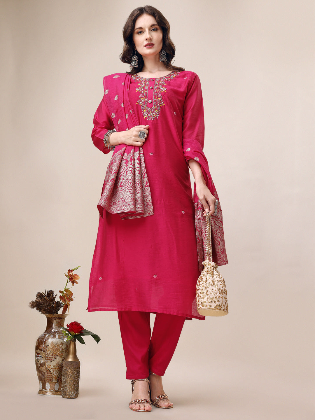 Embroidered Kurta With Pant & Dupatta Set, Multicolor - Hiral Fashion - Distacart