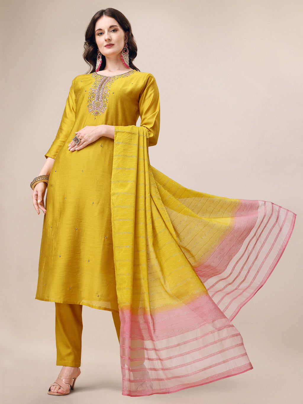 Hand Embroidered Kurta With Pant & Dupatta Set, Multicolor - Hiral Fashion - Distacart