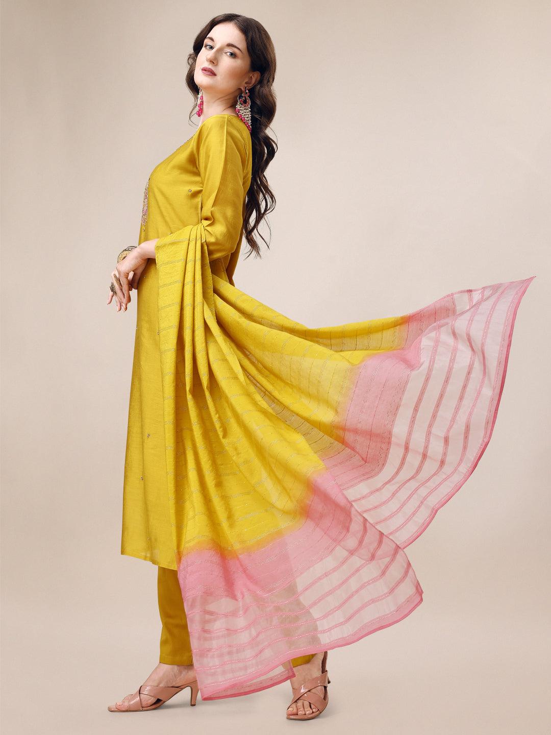 Hand Embroidered Kurta With Pant & Dupatta Set, Multicolor - Hiral Fashion - Distacart