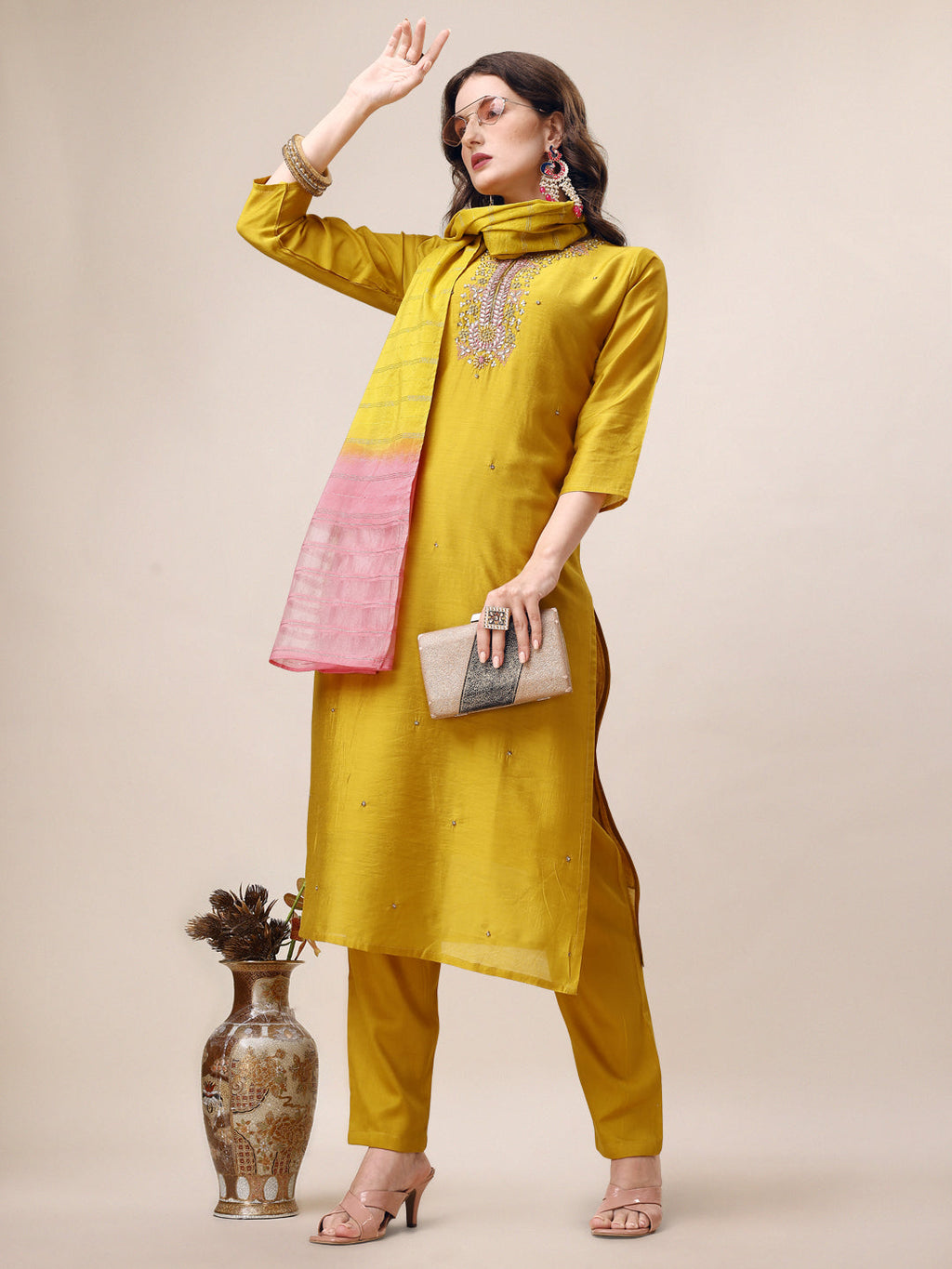 Hand Embroidered Kurta With Pant & Dupatta Set, Multicolor - Hiral Fashion - Distacart