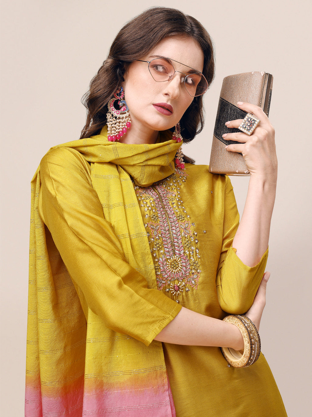 Hand Embroidered Kurta With Pant & Dupatta Set, Multicolor - Hiral Fashion - Distacart