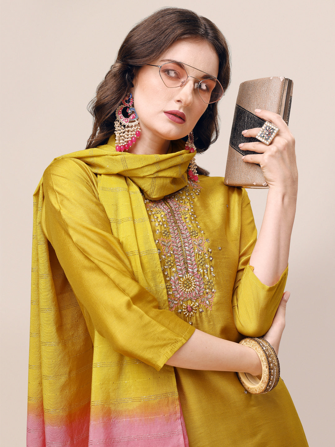 Hand Embroidered Kurta With Pant & Dupatta Set, Multicolor - Hiral Fashion - Distacart
