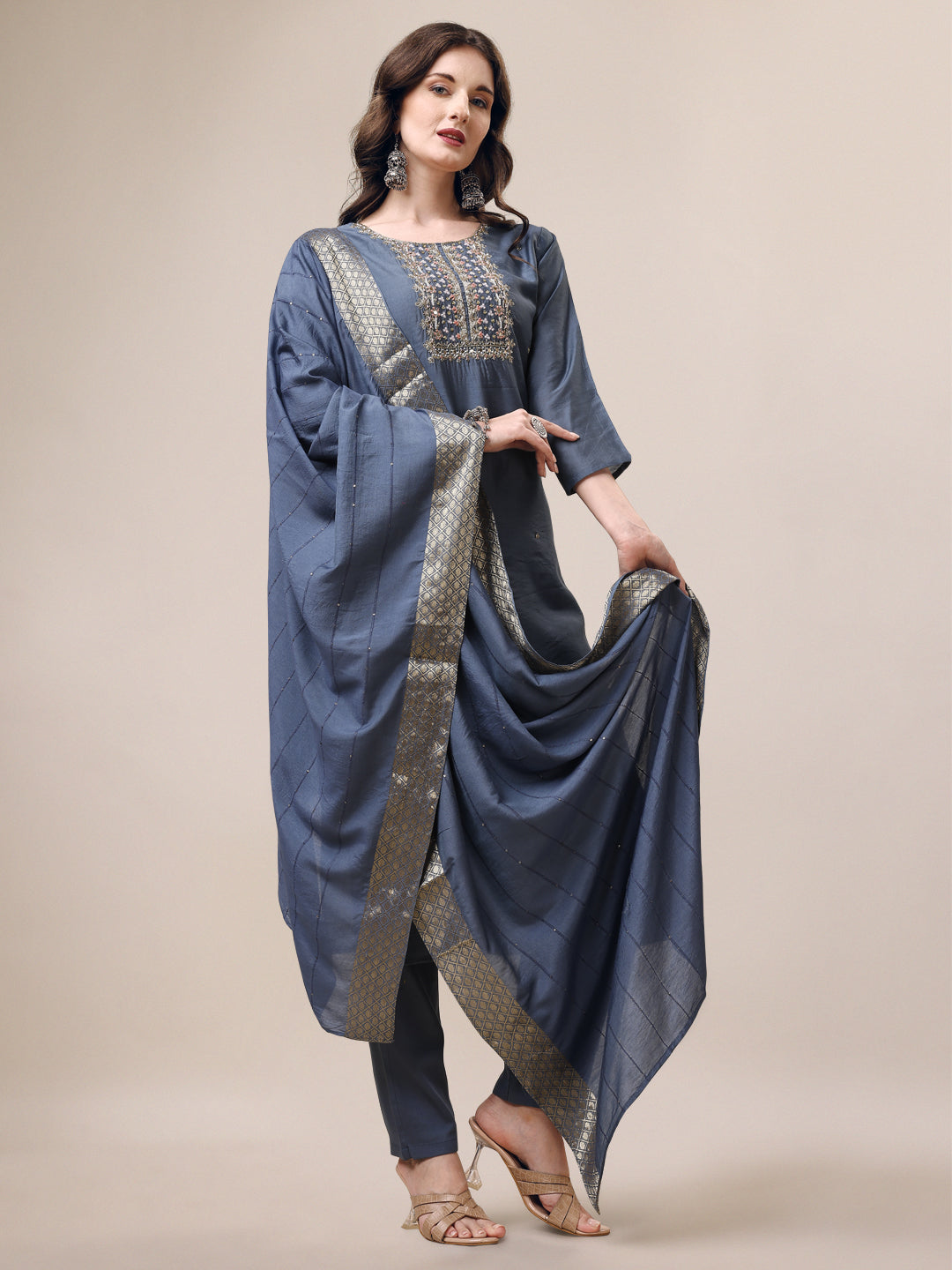 Hand Embroidered Kurta With Pant & Dupatta Set, Multicolor - Hiral Fashion - Distacart