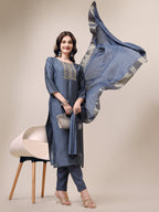 Hand Embroidered Kurta With Pant & Dupatta Set, Multicolor - Hiral Fashion - Distacart