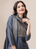 Hand Embroidered Kurta With Pant & Dupatta Set, Multicolor - Hiral Fashion - Distacart