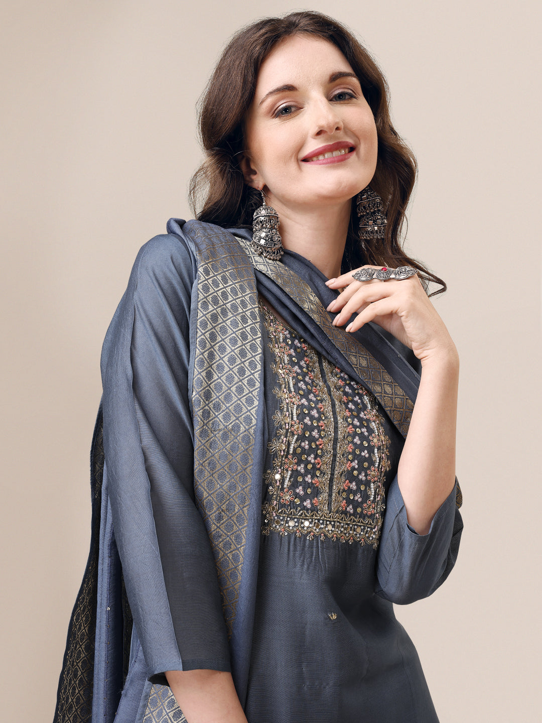 Hand Embroidered Kurta With Pant & Dupatta Set, Multicolor - Hiral Fashion - Distacart