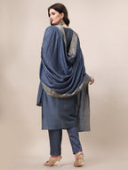 Hand Embroidered Kurta With Pant & Dupatta Set, Multicolor - Hiral Fashion - Distacart