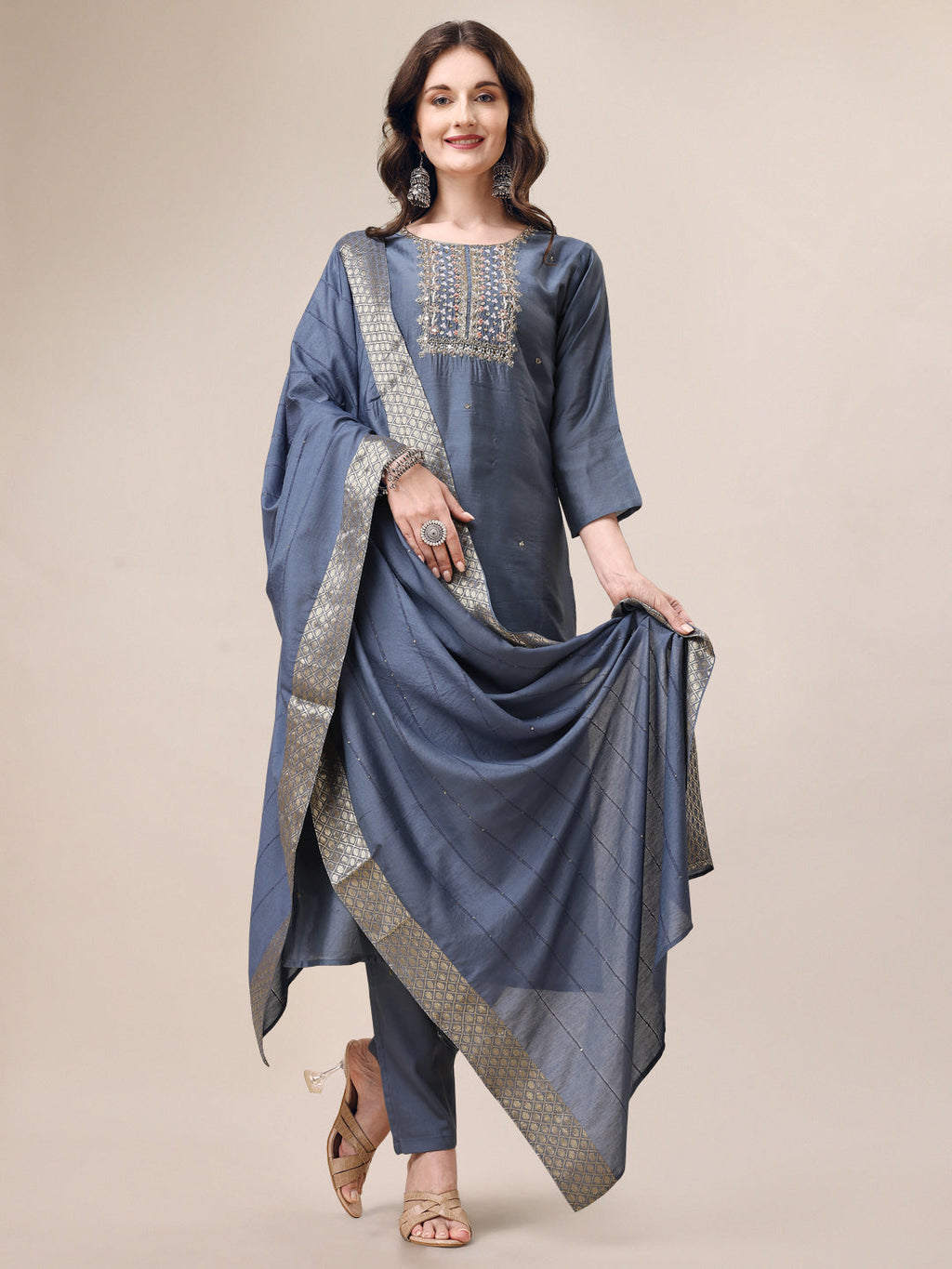 Hand Embroidered Kurta With Pant & Dupatta Set, Multicolor - Hiral Fashion - Distacart