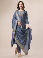 Hand Embroidered Kurta With Pant & Dupatta Set, Multicolor - Hiral Fashion - Distacart