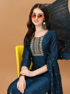 Hand Embroidered Navyblue Kurta With Pant & Dupatta, Multicolor - Hiral Fashion - Distacart