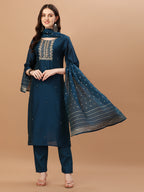 Hand Embroidered Navyblue Kurta With Pant & Dupatta, Multicolor - Hiral Fashion - Distacart