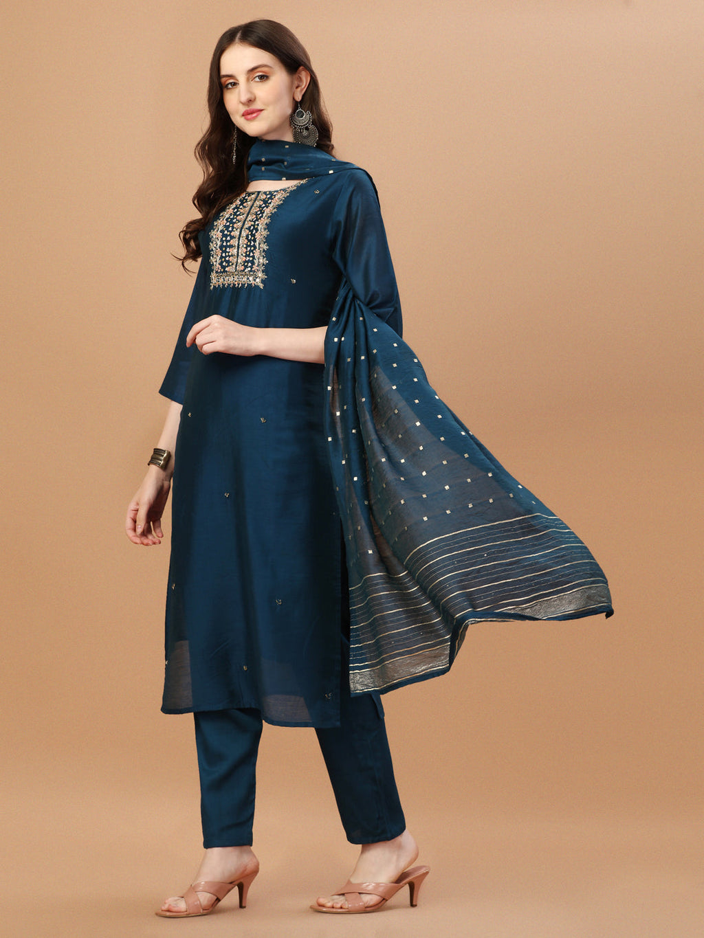 Hand Embroidered Navyblue Kurta With Pant & Dupatta, Multicolor - Hiral Fashion - Distacart