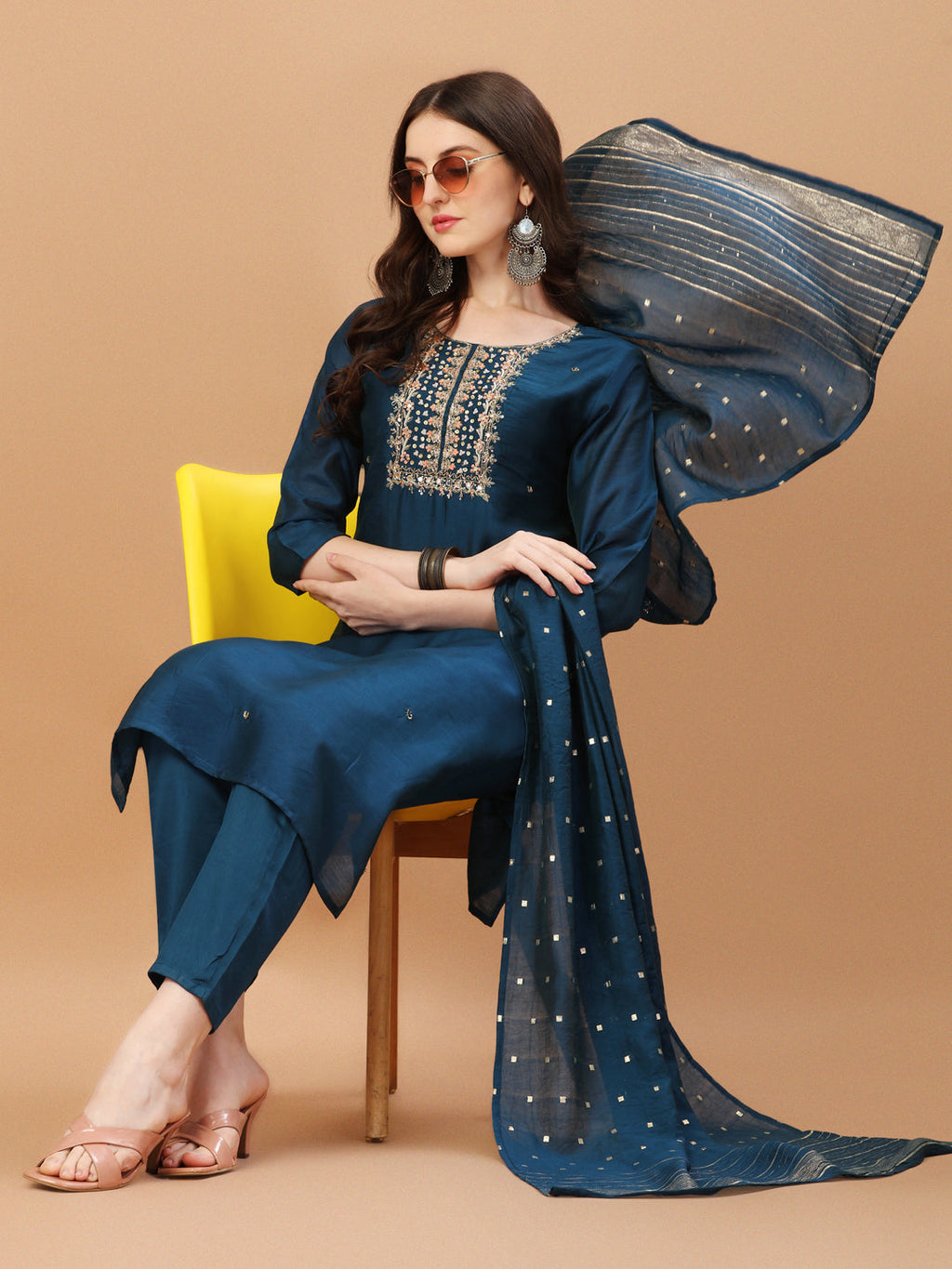 Hand Embroidered Navyblue Kurta With Pant & Dupatta, Multicolor - Hiral Fashion - Distacart