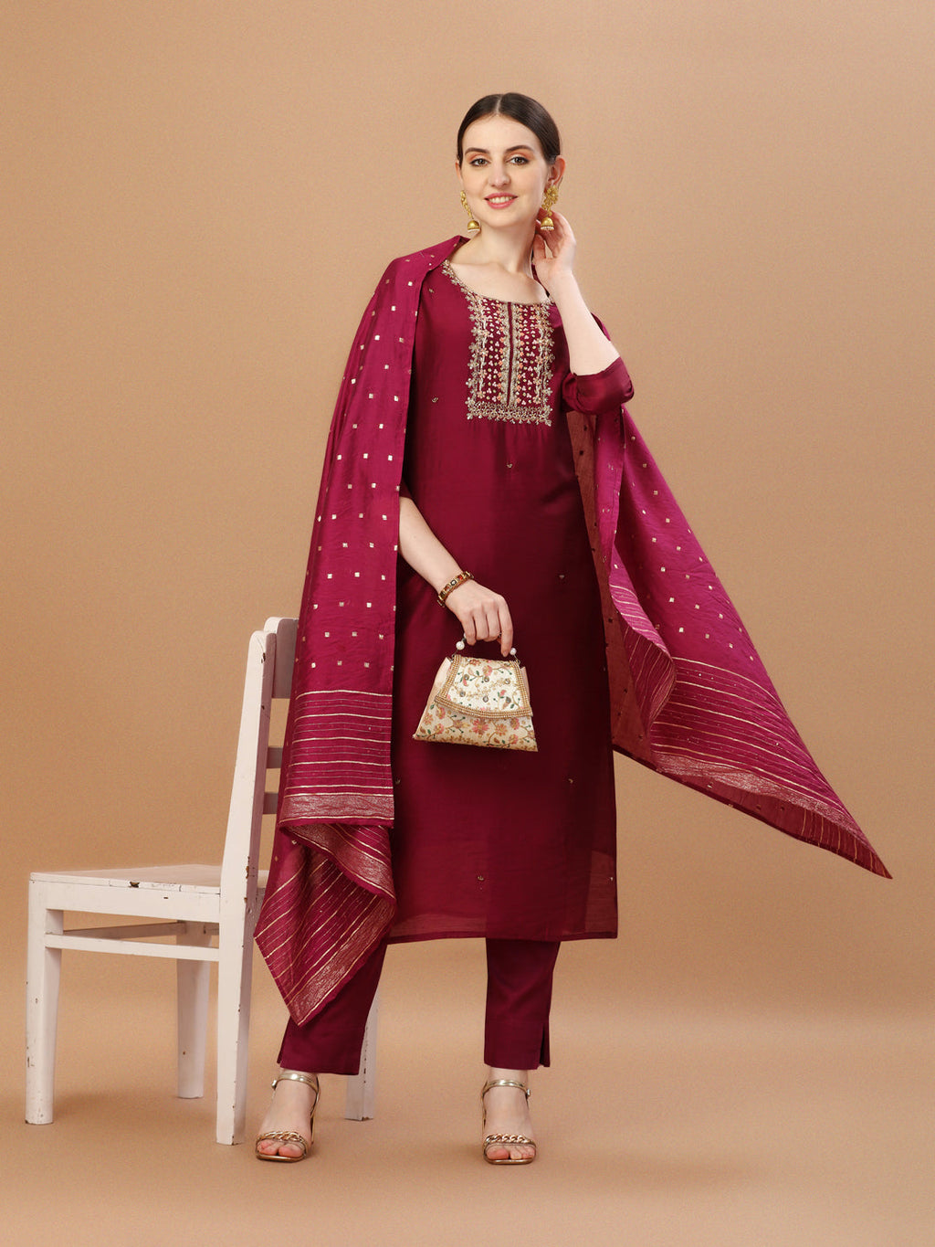 Hand Embroidered Wine Kurta With Pant & Dupatta, Multicolor - Hiral Fashion - Distacart