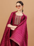 Hand Embroidered Wine Kurta With Pant & Dupatta, Multicolor - Hiral Fashion - Distacart