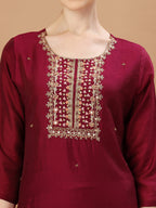 Hand Embroidered Wine Kurta With Pant & Dupatta, Multicolor - Hiral Fashion - Distacart