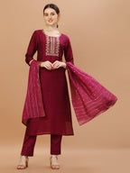 Hand Embroidered Wine Kurta With Pant & Dupatta, Multicolor - Hiral Fashion - Distacart