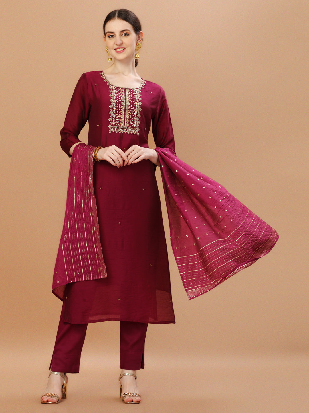 Hand Embroidered Wine Kurta With Pant & Dupatta, Multicolor - Hiral Fashion - Distacart