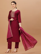 Hand Embroidered Wine Kurta With Pant & Dupatta, Multicolor - Hiral Fashion - Distacart