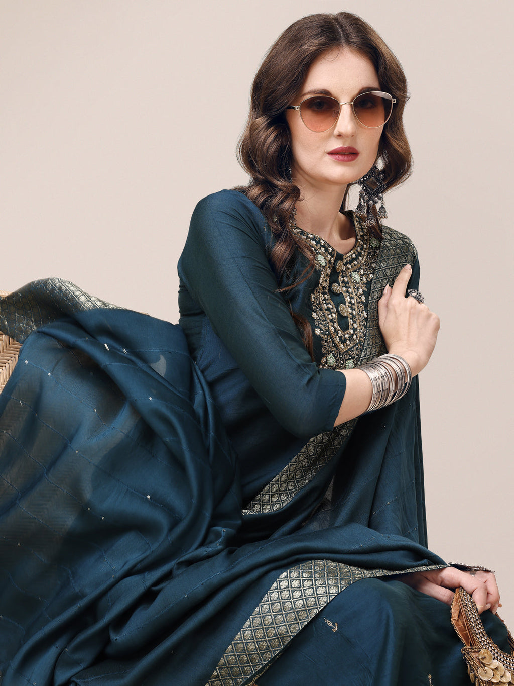Hand Embroidered Button Embellished Kurta With Pant And Sequined Dupatta, Multicolor - Hiral Fashion - Distacart