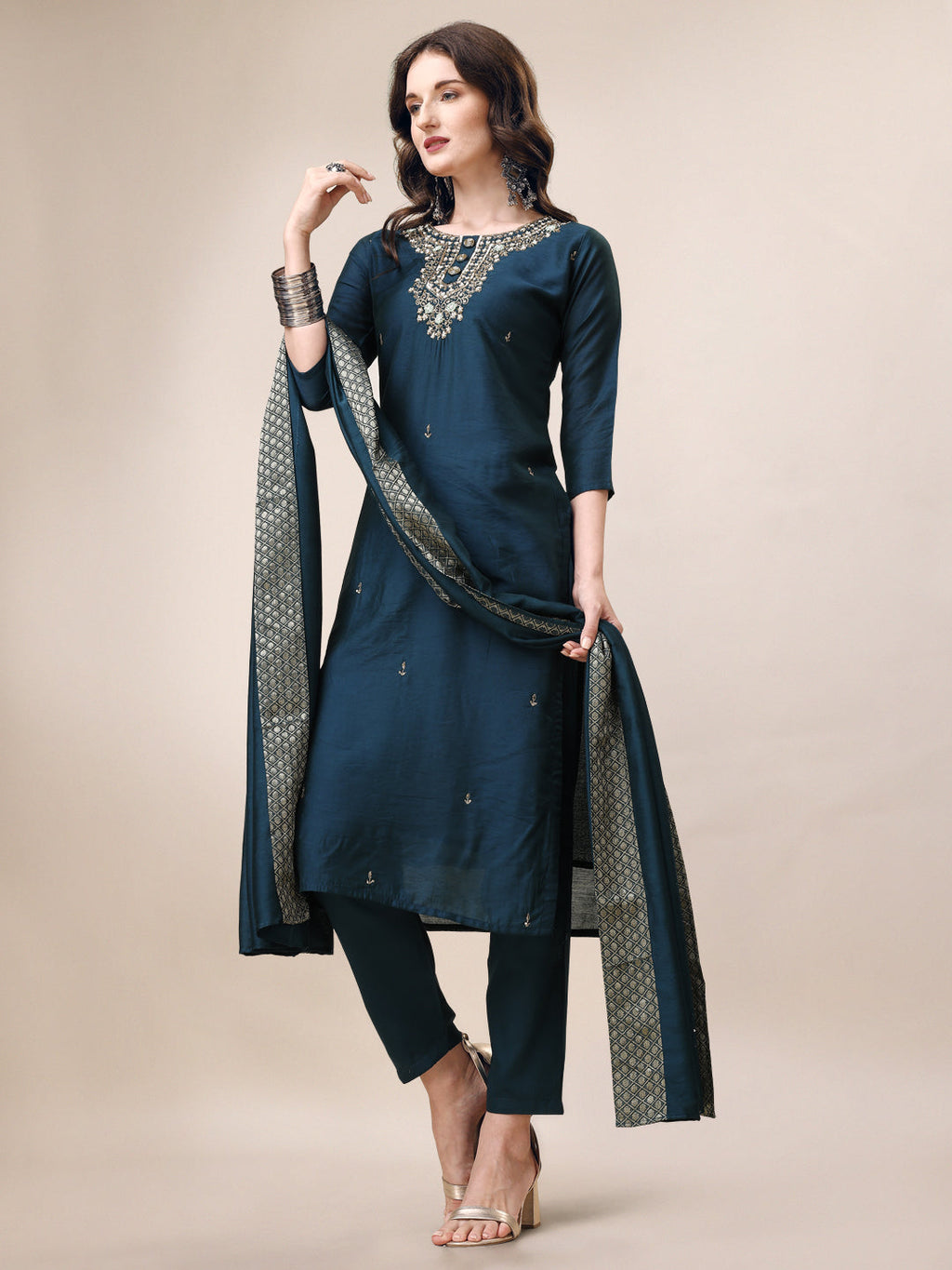 Hand Embroidered Button Embellished Kurta With Pant And Sequined Dupatta, Multicolor - Hiral Fashion - Distacart