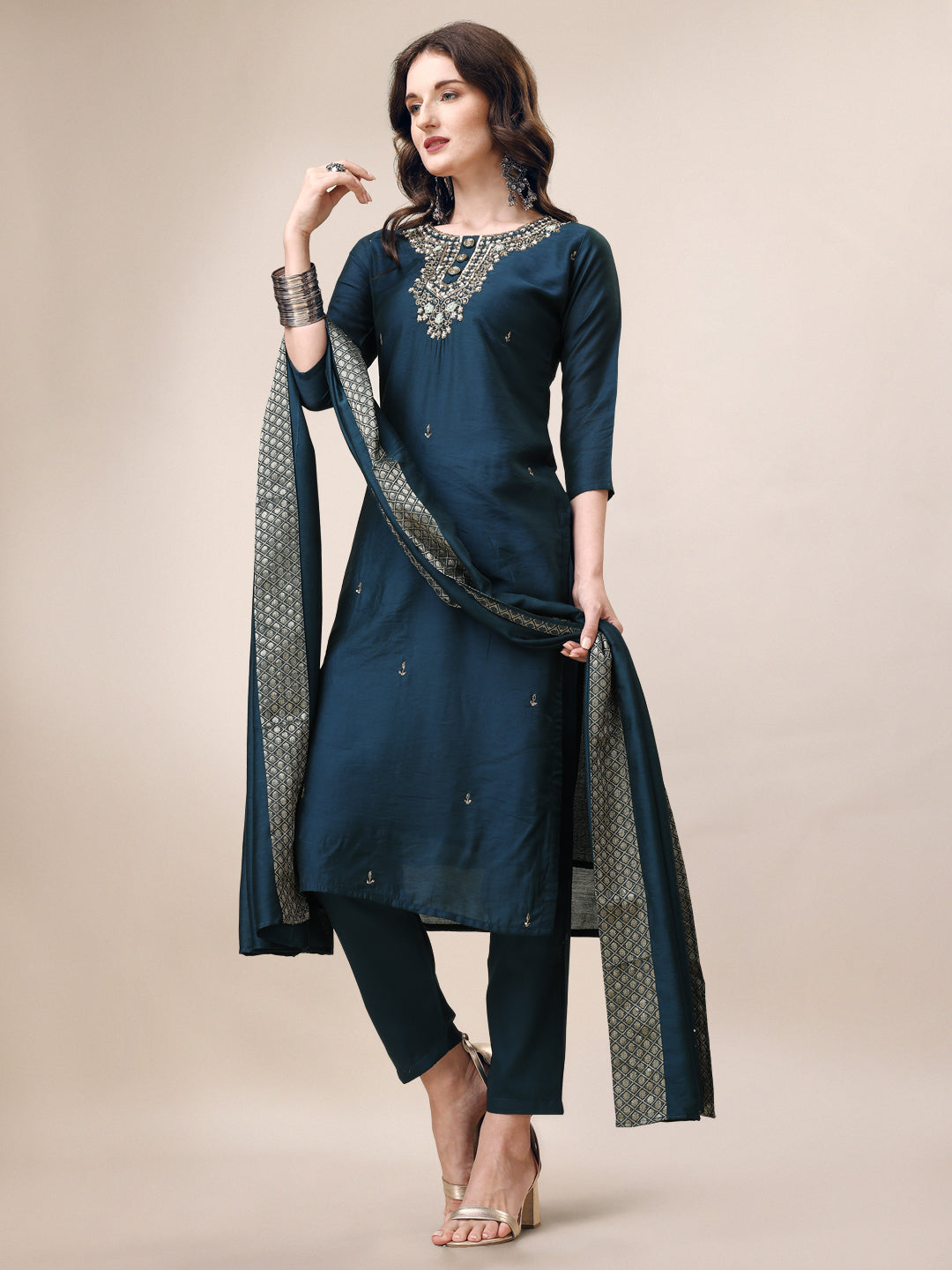 Hand Embroidered Button Embellished Kurta With Pant And Sequined Dupatta, Multicolor - Hiral Fashion - Distacart