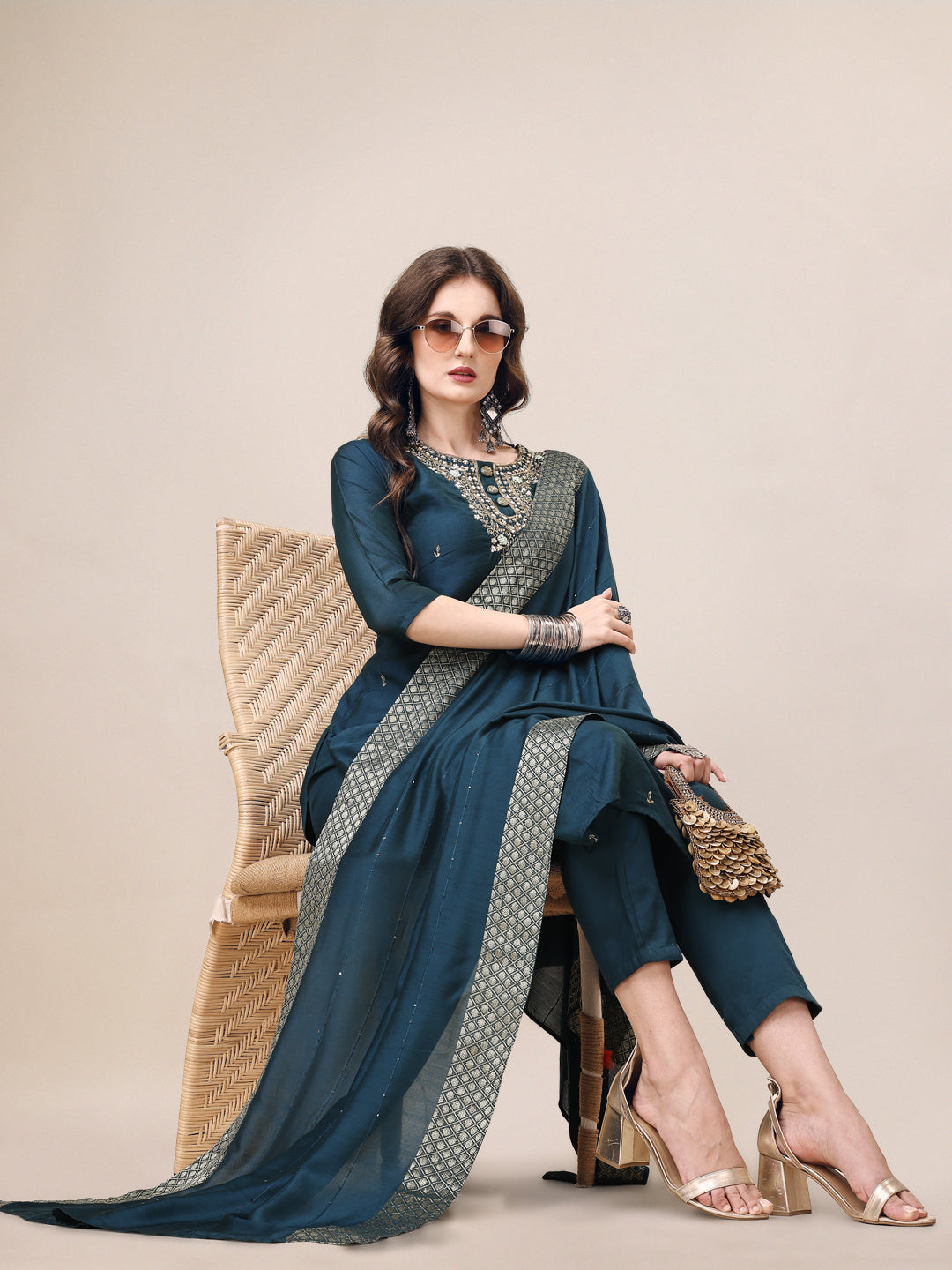 Hand Embroidered Button Embellished Kurta With Pant And Sequined Dupatta, Multicolor - Hiral Fashion - Distacart
