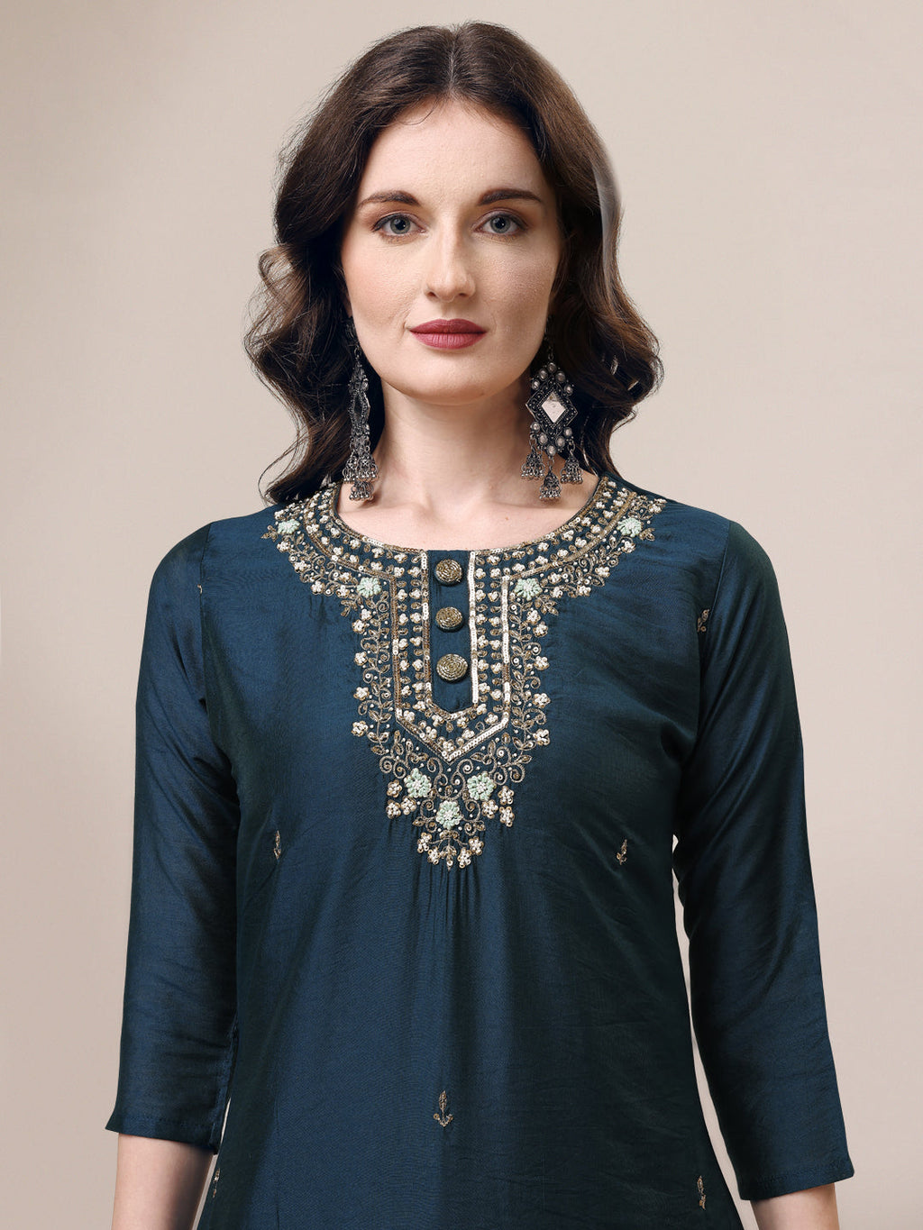 Hand Embroidered Button Embellished Kurta With Pant And Sequined Dupatta, Multicolor - Hiral Fashion - Distacart